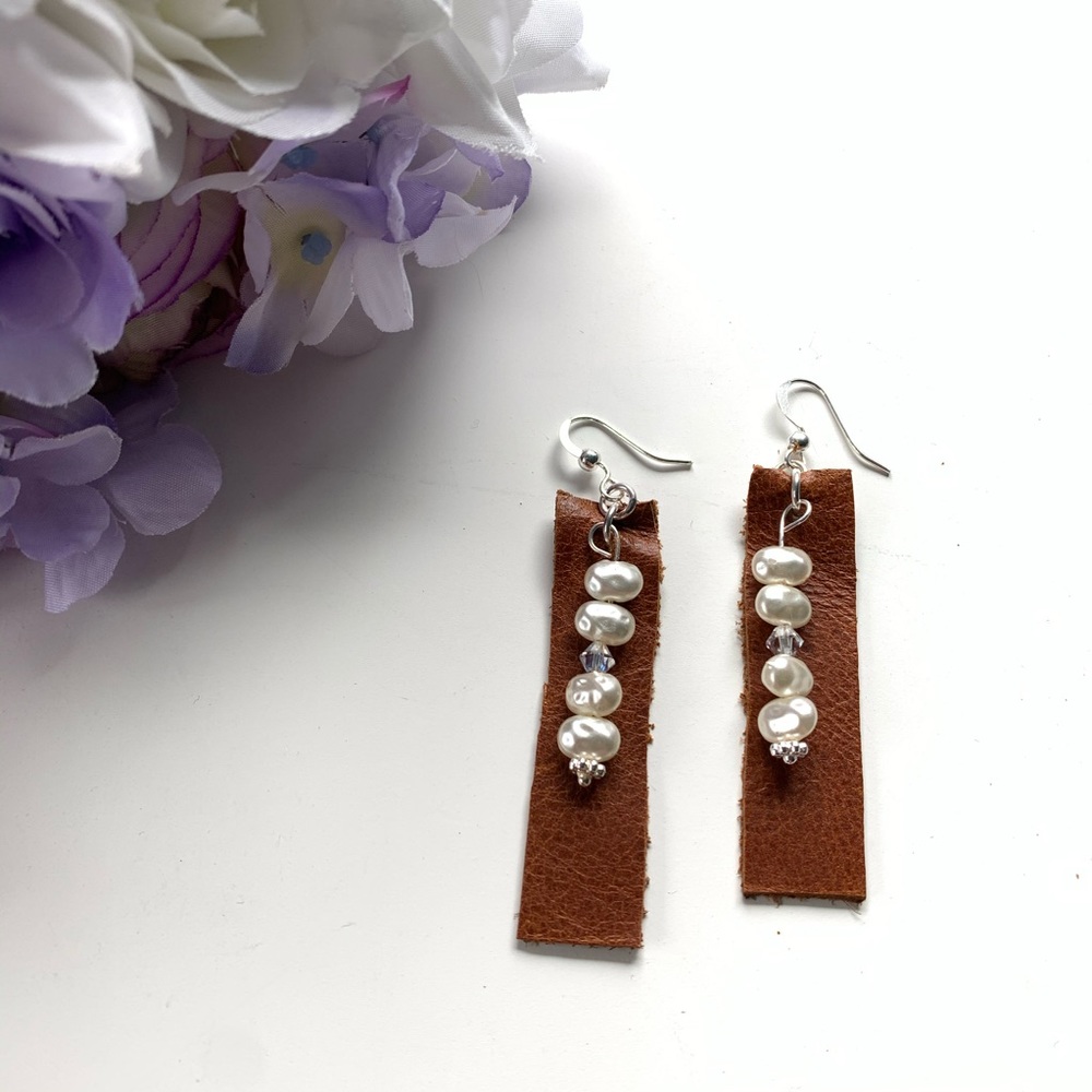 Leather, Pearl, and Crystal Earrings